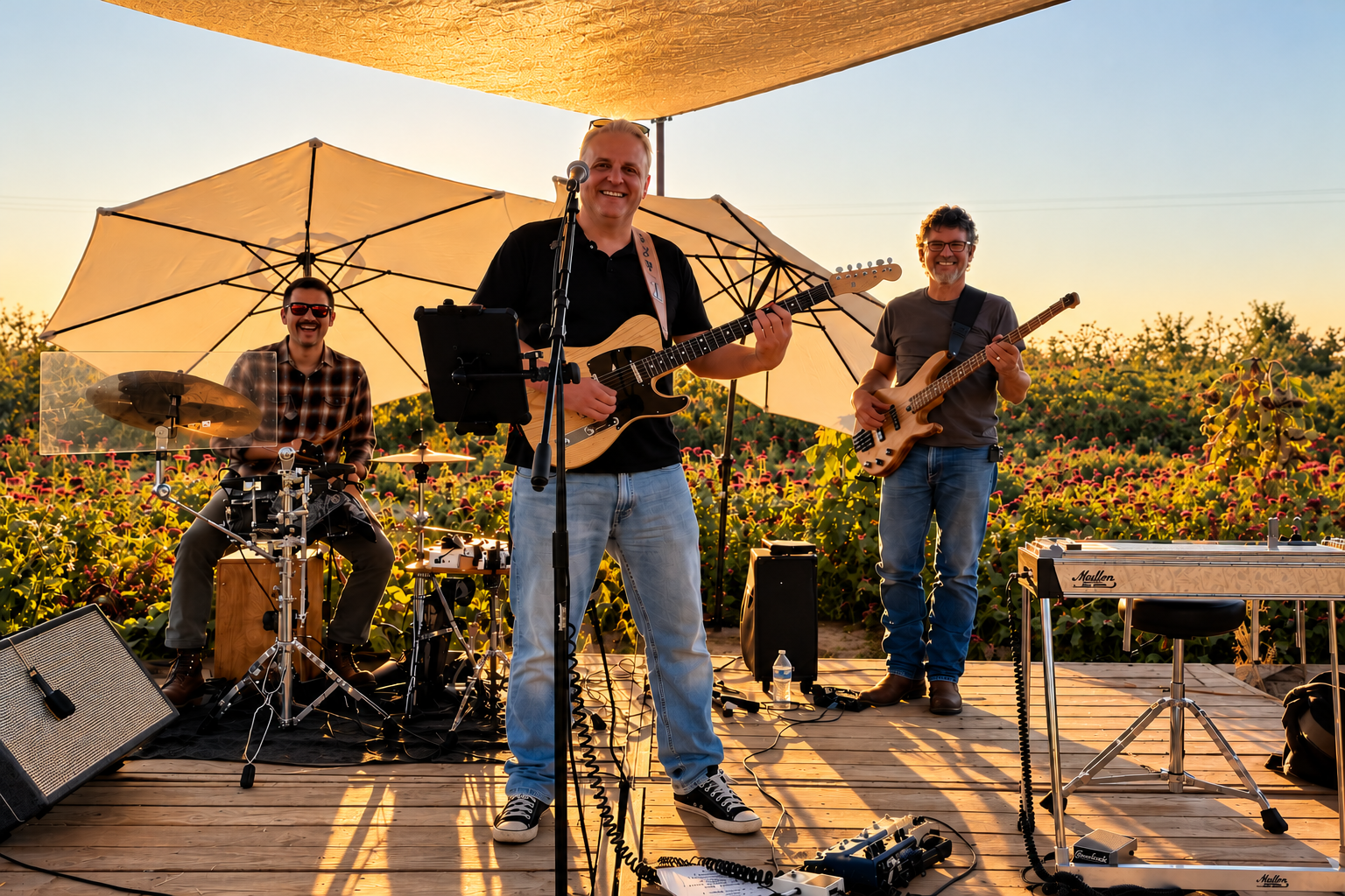 Marvin and the Milkmen performing outdoors on a farm stage